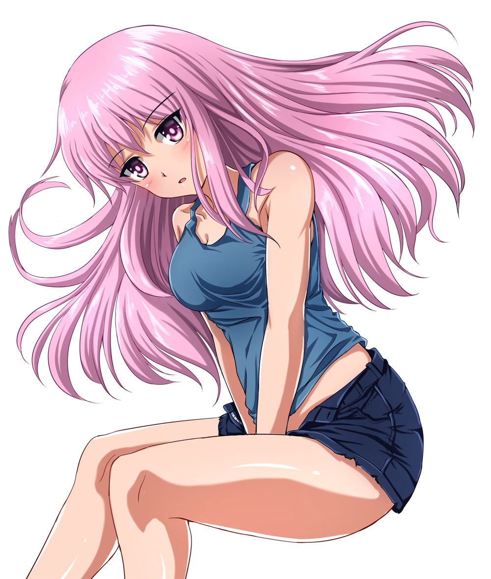 1girl alternate_costume bare_legs bare_shoulders between_legs blue_shorts blue_tank_top breasts cleavage hand_between_legs hata_no_kokoro knees_up looking_at_viewer medium_breasts open_mouth pink_eyes pink_hair shorts simple_background solo tank_top touhou white_background zanntetu