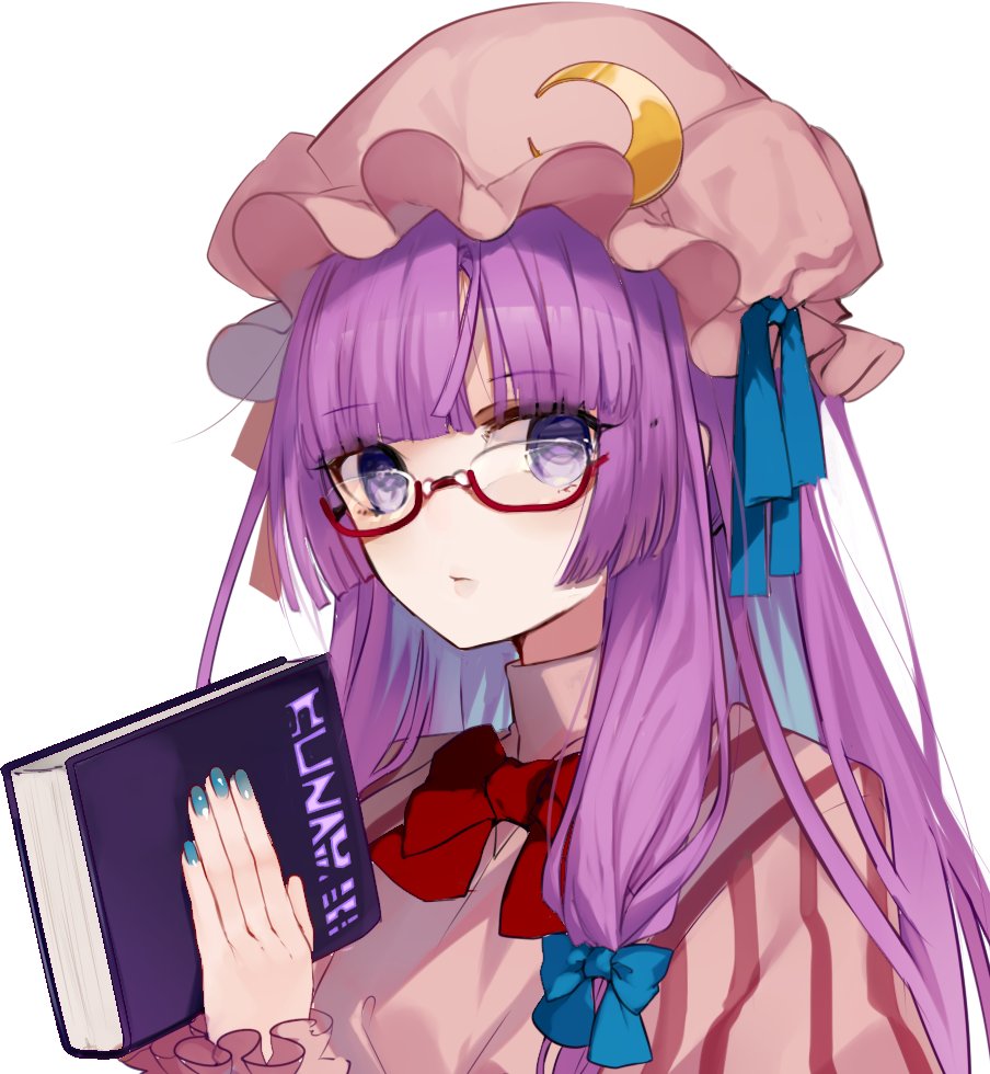 1girl bangs bespectacled blue_bow blue_nails blue_ribbon blunt_bangs book bow crescent crescent_hair_ornament daimaou_ruaeru dress eyebrows_visible_through_hair glasses hair_bow hair_ornament hat hat_ribbon holding holding_book looking_at_viewer mob_cap nail_polish neck_bow parted_lips patchouli_knowledge pink_dress pink_hat purple_hair red-framed_eyewear red_bow red_neckwear ribbon simple_background solo touhou upper_body violet_eyes white_background