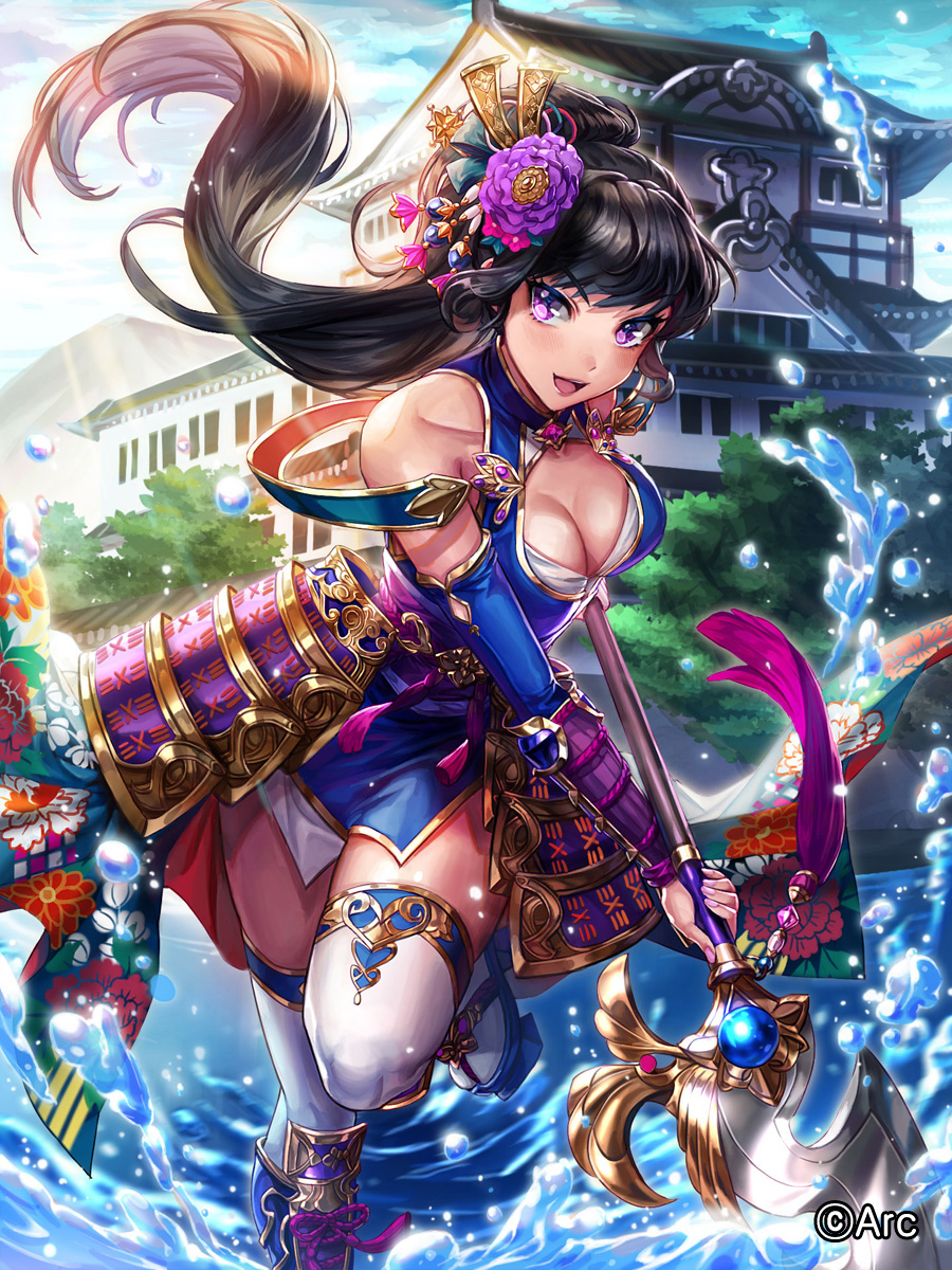 1girl :d architecture armor bangs bare_shoulders black_hair blue_dress blue_sky blush box_(hotpppink) breasts cleavage cleavage_cutout clouds collarbone commentary_request day detached_sleeves dress east_asian_architecture eyebrows_visible_through_hair floating_hair floral_print flower geta green_ribbon hair_flower hair_ornament hair_ribbon high_ponytail highres holding holding_spear holding_weapon japanese_armor kanzashi kusazuri large_breasts light_particles light_rays long_hair looking_at_viewer mountain nail_polish obi official_art one_leg_raised open_mouth outdoors pink_nails polearm ponytail purple_flower ribbon sash sengoku_kishin_valkyrie short_dress sidelocks sky smile solo spear standing standing_on_one_leg tassel thigh-highs tree tsurime twisted_torso two-handed v-shaped_eyebrows vambraces very_long_hair violet_eyes water water_drop weapon white_legwear