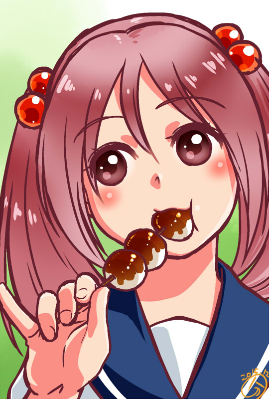 1girl buntaichou dango dated eating food green_background hair_bobbles hair_ornament kantai_collection pinky_out red_eyes redhead sazanami_(kantai_collection) school_uniform serafuku solo twintails wagashi