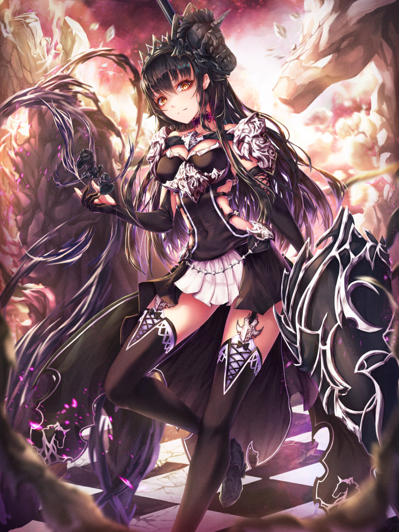 1girl black_flower black_hair black_legwear breasts brown_eyes covered_navel crown flower garter_straps h2o_(dfo) long_hair looking_at_viewer medium_breasts original side_cutout standing standing_on_one_leg statue t-80um2 tile_floor tiles