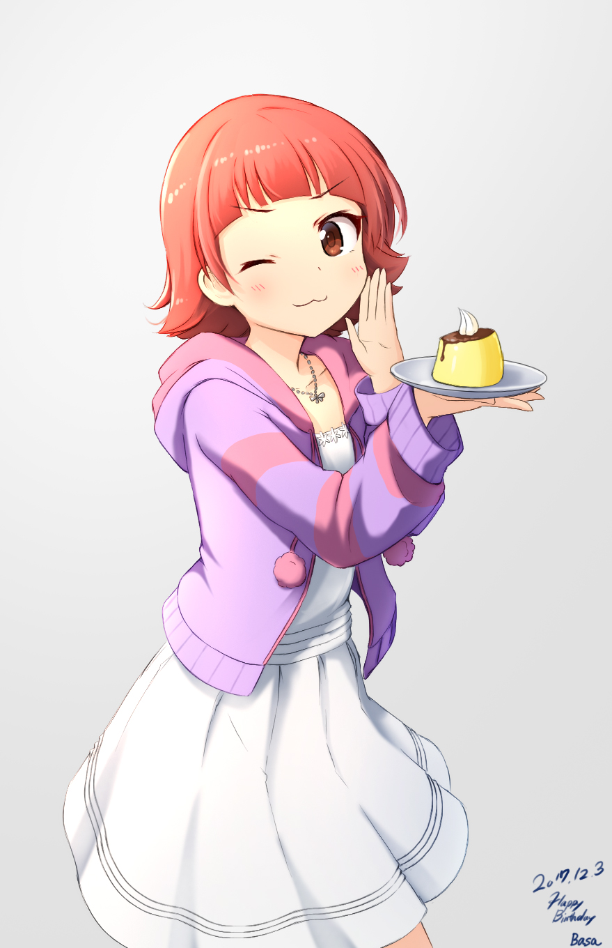 1girl ;3 artist_name basa_rutan blush brown_eyes closed_mouth collarbone dated dress food grey_background happy_birthday highres holding holding_plate hood hood_down hoodie idolmaster idolmaster_million_live! jewelry long_sleeves nonohara_akane one_eye_closed open_clothes open_hoodie orange_hair pendant plate pudding simple_background solo striped_hoodie white_dress