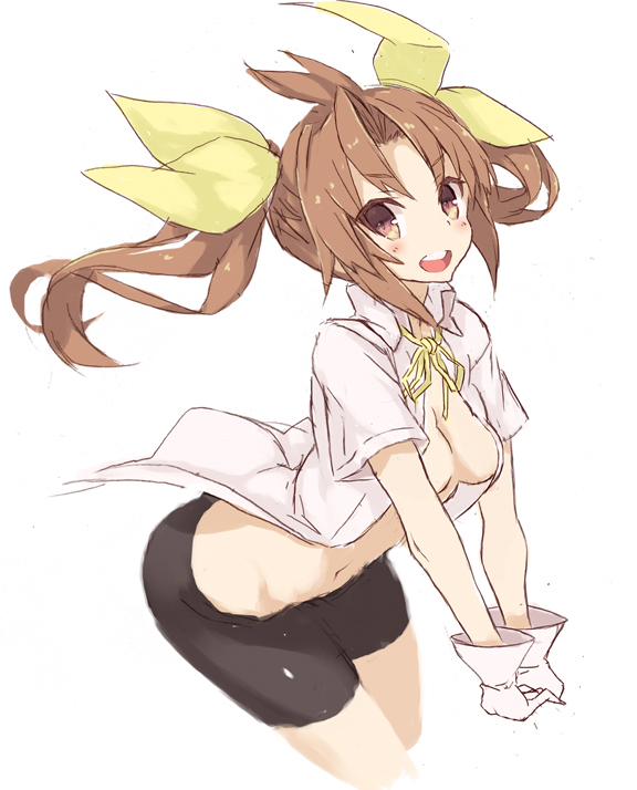 1girl bangs bike_shorts blush breasts brown_eyes brown_hair collared_shirt cowboy_shot cropped_legs eyebrows eyebrows_visible_through_hair floating_hair gloves goekawa hair_ribbon kagerou_(kantai_collection) kantai_collection long_hair looking_at_viewer medium_breasts navel neck_ribbon no_bra open_mouth own_hands_together ribbon shirt short_sleeves simple_background solo stomach twintails twitter_username v_arms white_background white_gloves white_shirt yellow_ribbon