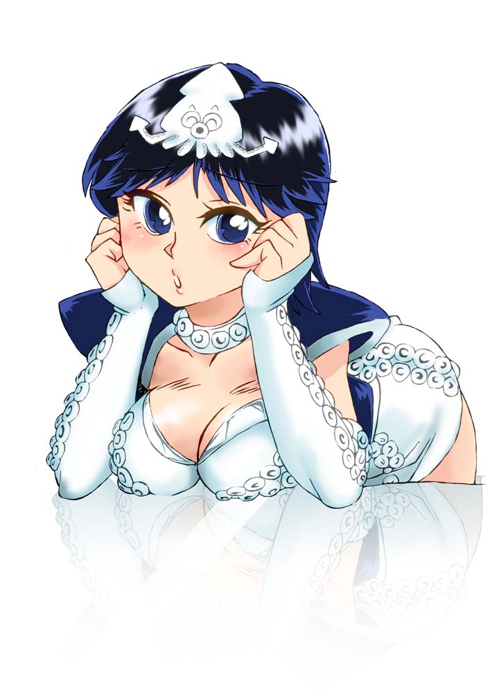 1girl blue_eyes breast_rest breasts character_request cleavage commentary_request dress graphite_(medium) millipen_(medium) onnaski open_mouth short_hair solo traditional_media