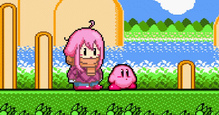 ahoge blush coat commentary inumaru86 kagamihara_nadeshiko kirby kirby_(series) long_hair pink pink_hair pixel_art red_footwear scarf yurucamp |_|