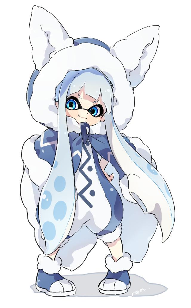 1girl animal_hood artist_name bangs blue_cape blue_eyes blue_footwear blue_hair blue_jumpsuit blunt_bangs cape closed_mouth commentary domino_mask full_body hands_on_hips hood hooded_cape inkling long_hair looking_at_viewer mask sen_squid shoes short_jumpsuit signature simple_background solo splatoon splatoon_1 standing tentacle_hair v-shaped_eyebrows white_background