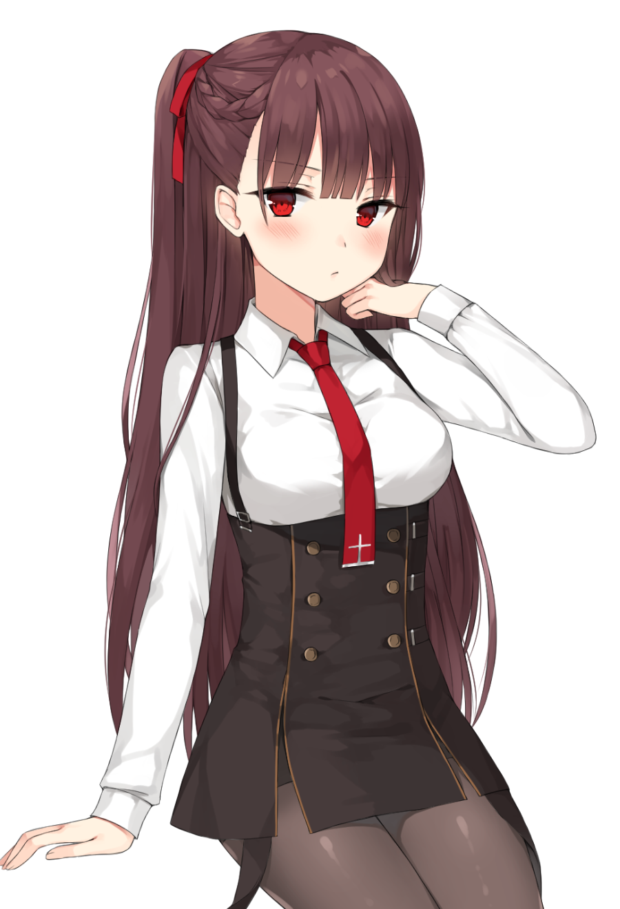 1girl arm_support bangs black_legwear black_skirt blunt_bangs blush braid breasts brown_hair canape_(canape0130) closed_mouth collared_shirt double-breasted eyebrows_visible_through_hair girls_frontline hair_ribbon half_updo hand_on_own_cheek highres long_hair looking_at_viewer medium_breasts necktie one_side_up pantyhose pout red_eyes red_neckwear ribbon shirt sidelocks simple_background sitting skirt solo strap tsundere very_long_hair wa2000_(girls_frontline) white_background white_shirt