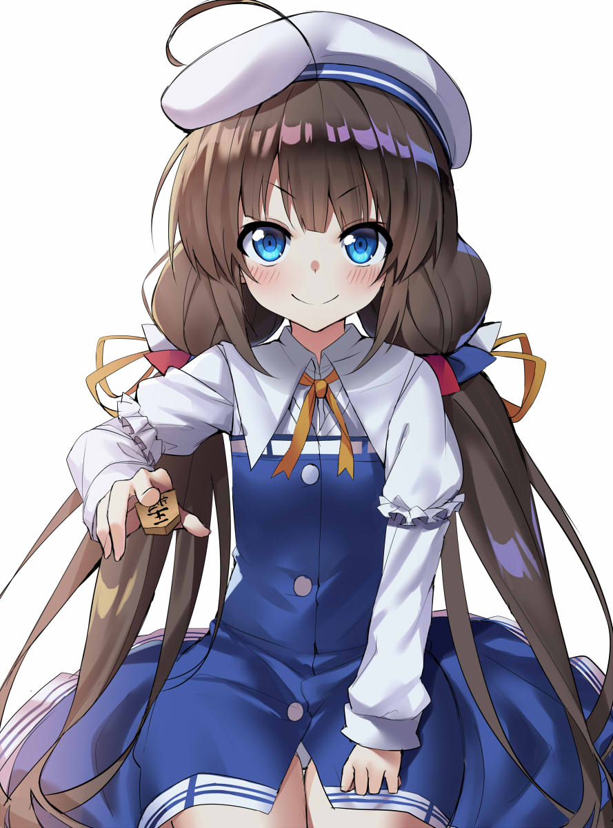 1girl ahoge beret between_fingers blue_dress blue_eyes blush board_game brown_hair closed_mouth commentary_request dress google_(asdek18) hat highres hinatsuru_ai holding long_hair long_sleeves low_twintails panties panty_peek puffy_short_sleeves puffy_sleeves ryuuou_no_oshigoto! school_uniform short_over_long_sleeves short_sleeves shougi simple_background sitting smile solo twintails underwear v-shaped_eyebrows very_long_hair white_background white_hat white_panties