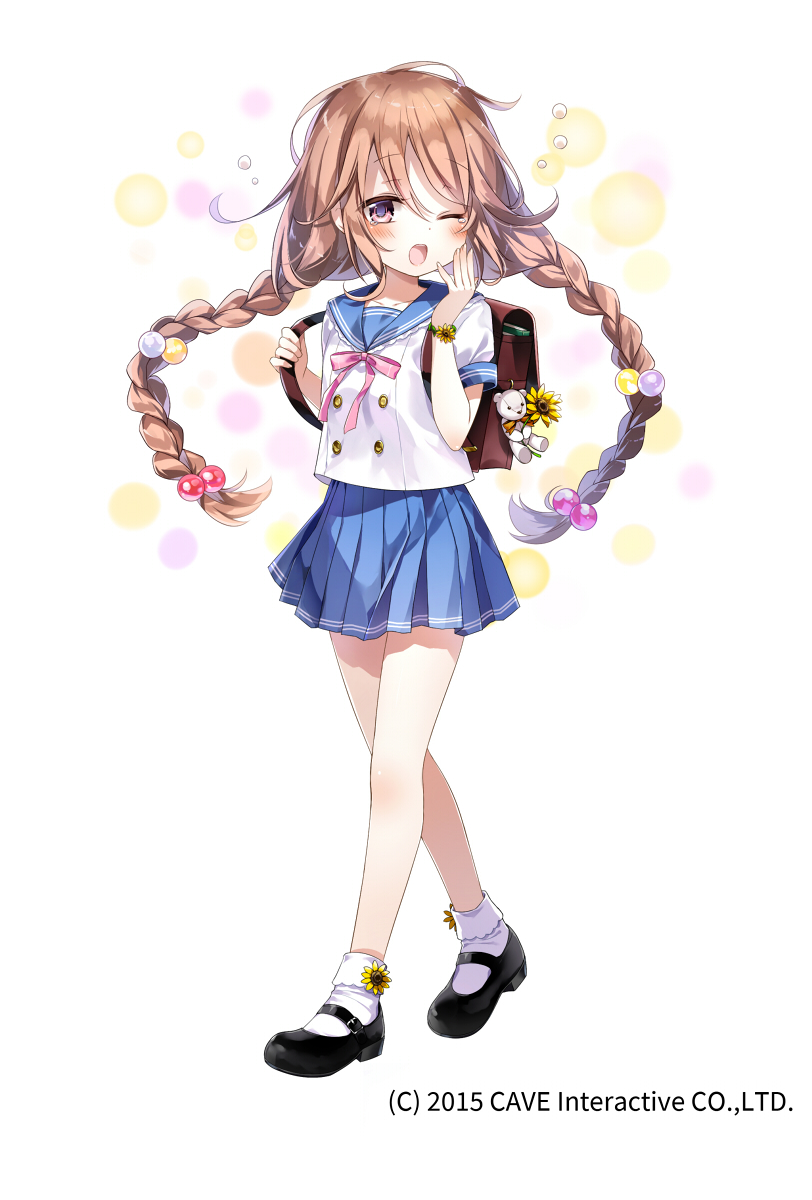 1girl 2015 amy_(gothic_wa_mahou_otome) backpack bag bangs black_footwear blue_skirt blush bobby_socks bookbag braid brown_hair buckle collarbone company_name double-breasted emia_(castilla) eyebrows_visible_through_hair floating_hair flower full_body gothic_wa_mahou_otome hair_between_eyes hair_bobbles hair_ornament hands_up highres holding_strap long_hair looking_at_viewer looking_to_the_side low_twintails mary_janes neck_ribbon official_art one_eye_closed open_mouth pink_eyes pink_neckwear pink_ribbon pleated_skirt ribbon school_bag school_uniform serafuku shiny shiny_hair shoes short_sleeves skirt socks solo standing stuffed_animal stuffed_toy sunflower tareme tearing_up teddy_bear twin_braids twintails very_long_hair walking white_legwear wrist_flower yawning yellow_flower