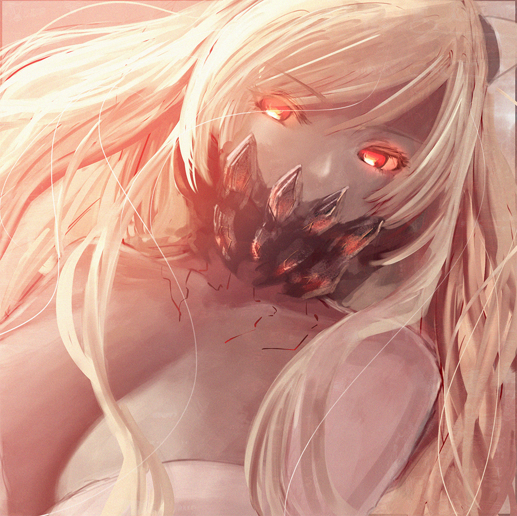 1girl bangs bare_shoulders breasts cleavage covered_mouth dress eyebrows_visible_through_hair face_mask hair_between_eyes horns kantai_collection large_breasts long_hair looking_at_viewer mask midway_hime moni pale_skin portrait red_eyes shinkaisei-kan sidelocks solo veins very_long_hair white_dress white_hair