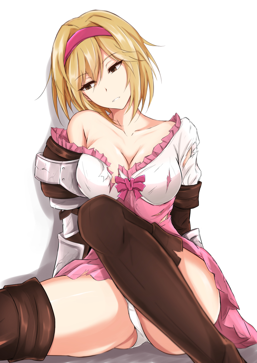 1girl armor ass bare_shoulders blonde_hair boots bow breasts brown_eyes brown_footwear cleavage collarbone commentary_request djeeta_(granblue_fantasy) dress empty_eyes eyebrows_visible_through_hair frilled_dress frills granblue_fantasy hairband head_tilt highres large_breasts looking_to_the_side off_shoulder panties pantyshot pantyshot_(sitting) parted_lips pink_bow pink_hairband piro_(iiiiiiiiii) shadow short_hair simple_background sitting solo thigh-highs thigh_boots torn_clothes torn_dress underwear white_background white_panties