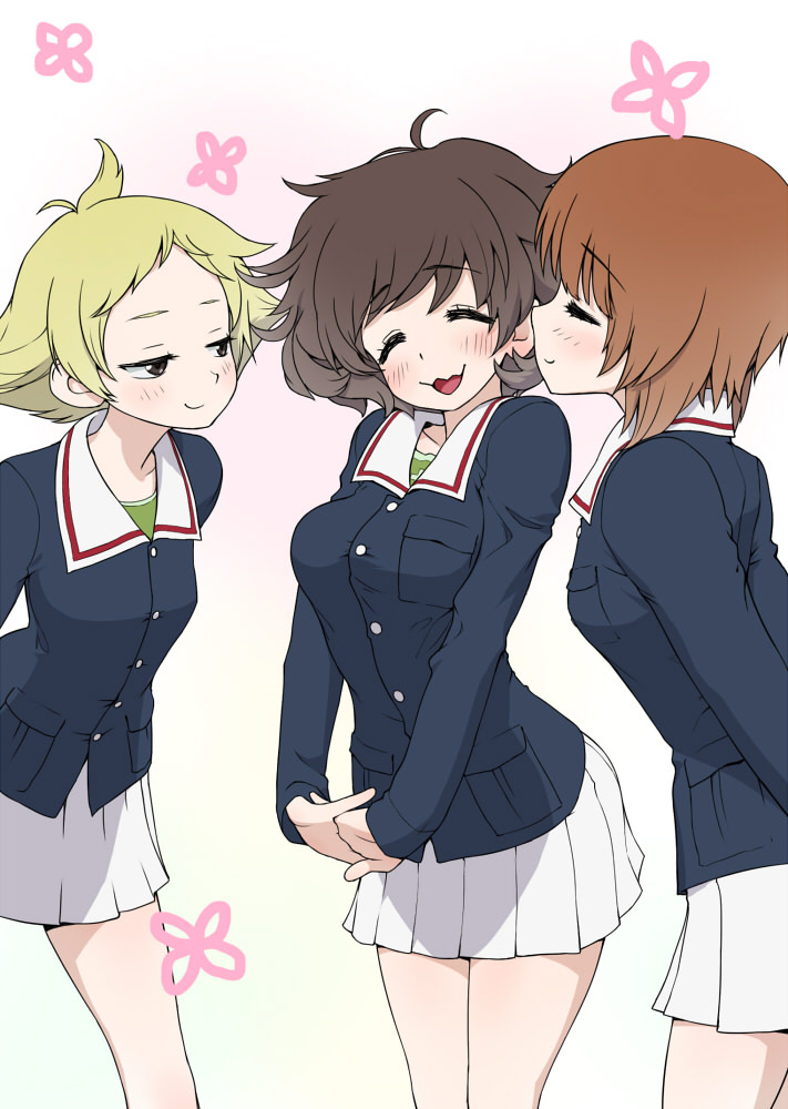 3girls :3 akiyama_yukari arms_behind_back bangs blonde_hair blue_jacket brown_eyes brown_hair closed_eyes closed_mouth commentary cowboy_shot erwin_(girls_und_panzer) eyebrows_visible_through_hair girls_und_panzer green_shirt hands_together imminent_kiss interlocked_fingers jacket leaning_forward long_sleeves looking_at_another messy_hair military military_uniform miniskirt multiple_girls nishizumi_miho ooarai_military_uniform open_mouth pleated_skirt pointy_hair shirt short_hair simple_background skirt smile standing uniform v_arms wata_do_chinkuru white_background white_skirt yuri