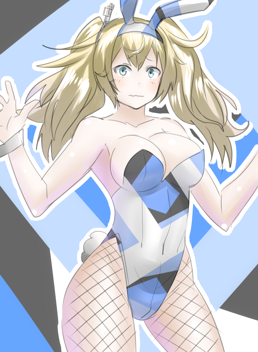 1girl 30-06 animal_ears bare_shoulders blonde_hair blue_eyes blue_leotard bow bowtie breasts bunny_girl bunny_tail bunnysuit camouflage cleavage detached_collar fake_animal_ears fishnet_pantyhose fishnets gambier_bay_(kantai_collection) highres kantai_collection leotard long_hair medium_breasts pantyhose rabbit_ears solo strapless strapless_leotard tail twintails wrist_cuffs