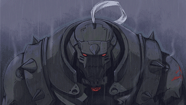 1boy alphonse_elric animated animated_gif armor commentary english_commentary flamel_symbol fullmetal_alchemist glowing glowing_eyes grey_background helmet lowres male_focus rain red_eyes simple_background standing upper_body