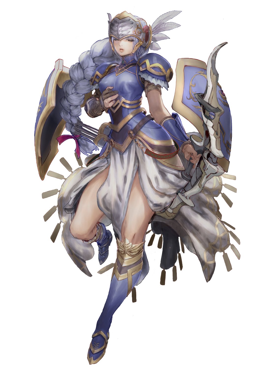 1girl arm_guards armlet armor armored_dress boots bow_(weapon) braid breastplate breasts commentary_request faulds feathers forehead_protector full_body greaves head_feathers helmet highres holding holding_weapon lenneth_valkyrie long_hair official_art overskirt pauldrons pelvic_curtain quiver shield shoulder_pads silver_hair single_braid solo star_ocean star_ocean_anamnesis valkyrie valkyrie_profile weapon yasuda_akira