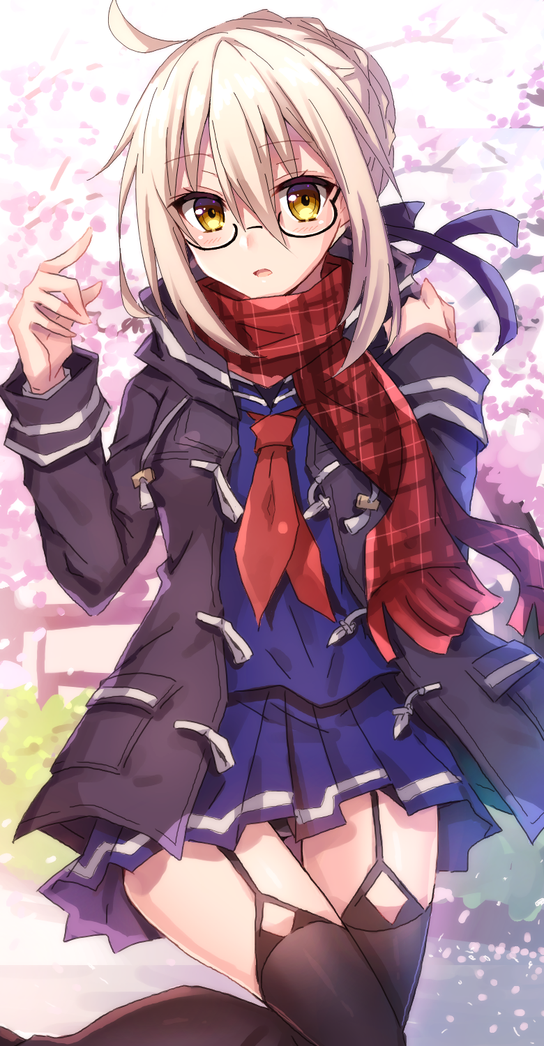 1girl ahoge arms_up artoria_pendragon_(all) black-framed_eyewear blonde_hair blush braid cherry_blossoms eyebrows_visible_through_hair fate/grand_order fate_(series) french_braid highres jacket mysterious_heroine_x_(alter) plaid plaid_scarf risei_jouhatsushita_ponco scarf school_uniform semi-rimless_eyewear serafuku skirt solo thigh-highs thighs under-rim_eyewear yellow_eyes zettai_ryouiki