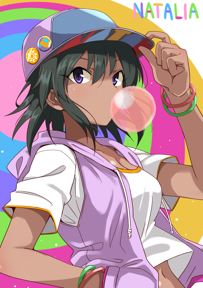 1girl adjusting_clothes adjusting_hat arm_up badge bangle baseball_cap bracelet breasts bubble_blowing button_badge character_name chewing_gum cleavage dark_skin drawstring green_hair hair_between_eyes hand_in_pocket hand_on_headwear hat hood hood_down hooded_vest idolmaster idolmaster_cinderella_girls jewelry looking_at_viewer medium_breasts multicolored multicolored_background natalia_(idolmaster) navel open_clothes open_vest pink_vest shirt short_hair short_sleeves solo upper_body vest violet_eyes white_shirt youhei_(testament)
