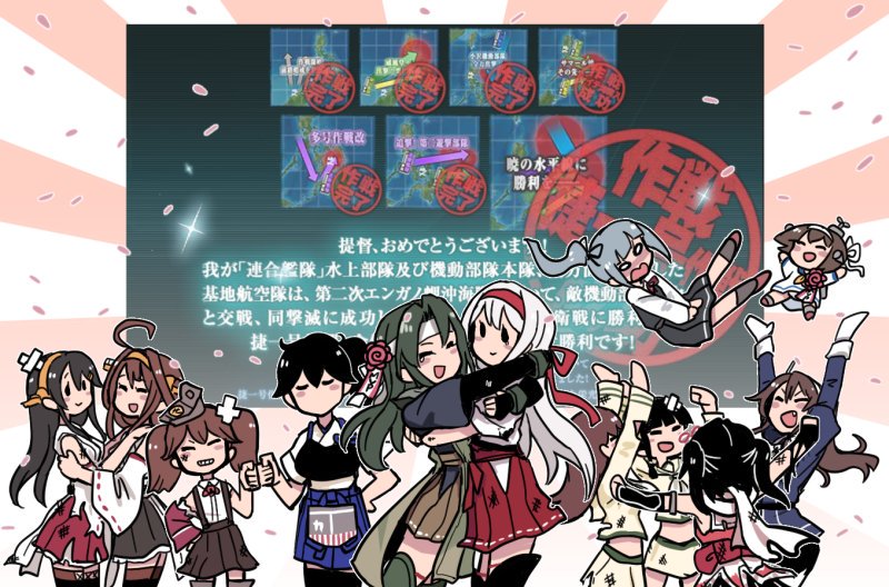 6+girls ahoge ashigara_(kantai_collection) bandaid bare_shoulders black_hair blush blush_stickers brown_hair cherry_blossoms commentary detached_sleeves fang fist_bump gloves green_hair grin hachimaki hair_ornament hair_ribbon hairband hairclip hakama_skirt haruna_(kantai_collection) headband headgear hug japanese_clothes kaga_(kantai_collection) kantai_collection kasumi_(kantai_collection) kitakami_(kantai_collection) kongou_(kantai_collection) long_hair medal multiple_girls muneate no_mouth ooi_(kantai_collection) open_mouth ribbon ribbon-trimmed_sleeves ribbon_trim ryuujou_(kantai_collection) sendai_(kantai_collection) shoukaku_(kantai_collection) side_ponytail skirt skirt_tug smile teardrop terrajin torn_clothes twintails wavy_mouth white_gloves white_hair yukikaze_(kantai_collection) zuikaku_(kantai_collection)