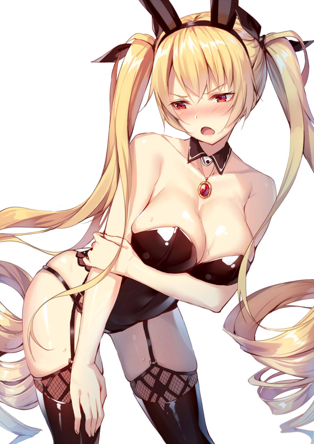 1girl alexmaster alternate_costume animal_ears azur_lane bare_shoulders blonde_hair blush breasts bunnysuit cleavage collarbone commentary_request cowboy_shot detached_collar eyelashes fake_animal_ears floating_hair garter_straps hair_ornament hairband hand_on_own_thigh highres jewelry large_breasts long_hair looking_down medallion nelson_(azur_lane) open_mouth rabbit_ears red_eyes ringlets solo thigh-highs twintails very_long_hair