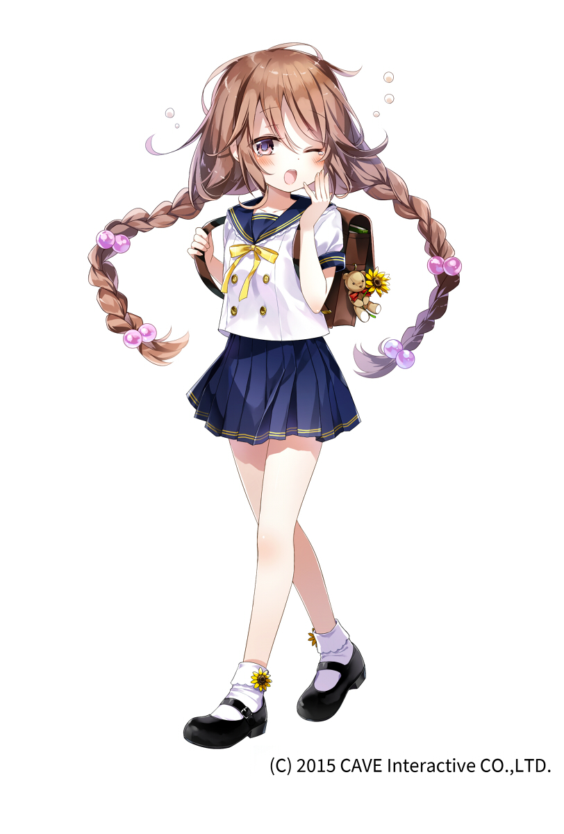 1girl 2015 amy_(gothic_wa_mahou_otome) backpack bag bangs black_footwear blush bobby_socks bookbag braid brown_hair buckle collarbone commentary_request company_name double-breasted emia_(castilla) eyebrows_visible_through_hair floating_hair flower full_body gothic_wa_mahou_otome hair_between_eyes hair_bobbles hair_ornament hands_up highres holding_strap long_hair looking_at_viewer looking_to_the_side low_twintails mary_janes navy_blue_skirt neck_ribbon official_art one_eye_closed open_mouth pink_eyes pleated_skirt ribbon school_bag school_uniform serafuku shiny shiny_hair shoes short_sleeves simple_background skirt socks solo standing stuffed_animal stuffed_toy sunflower tareme tearing_up teddy_bear twin_braids twintails very_long_hair walking white_background white_legwear yawning yellow_flower yellow_neckwear yellow_ribbon