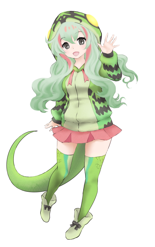 1girl :d animal_hood arm_at_side bangs black_bow boomslang_(kemono_friends) bow breasts eyebrows eyebrows_visible_through_hair eyelashes full_body green_footwear green_hair green_hoodie green_legwear grey_eyes hair_between_eyes hand_up hood hood_up hoodie ise_(0425) kemono_friends legs_apart long_hair long_sleeves looking_at_viewer medium_breasts multicolored_hair open_mouth pigeon-toed pink_hair pink_skirt pleated_skirt shoes simple_background skirt smile snake_tail solo tail thigh-highs two-tone_hair very_long_hair white_background zettai_ryouiki