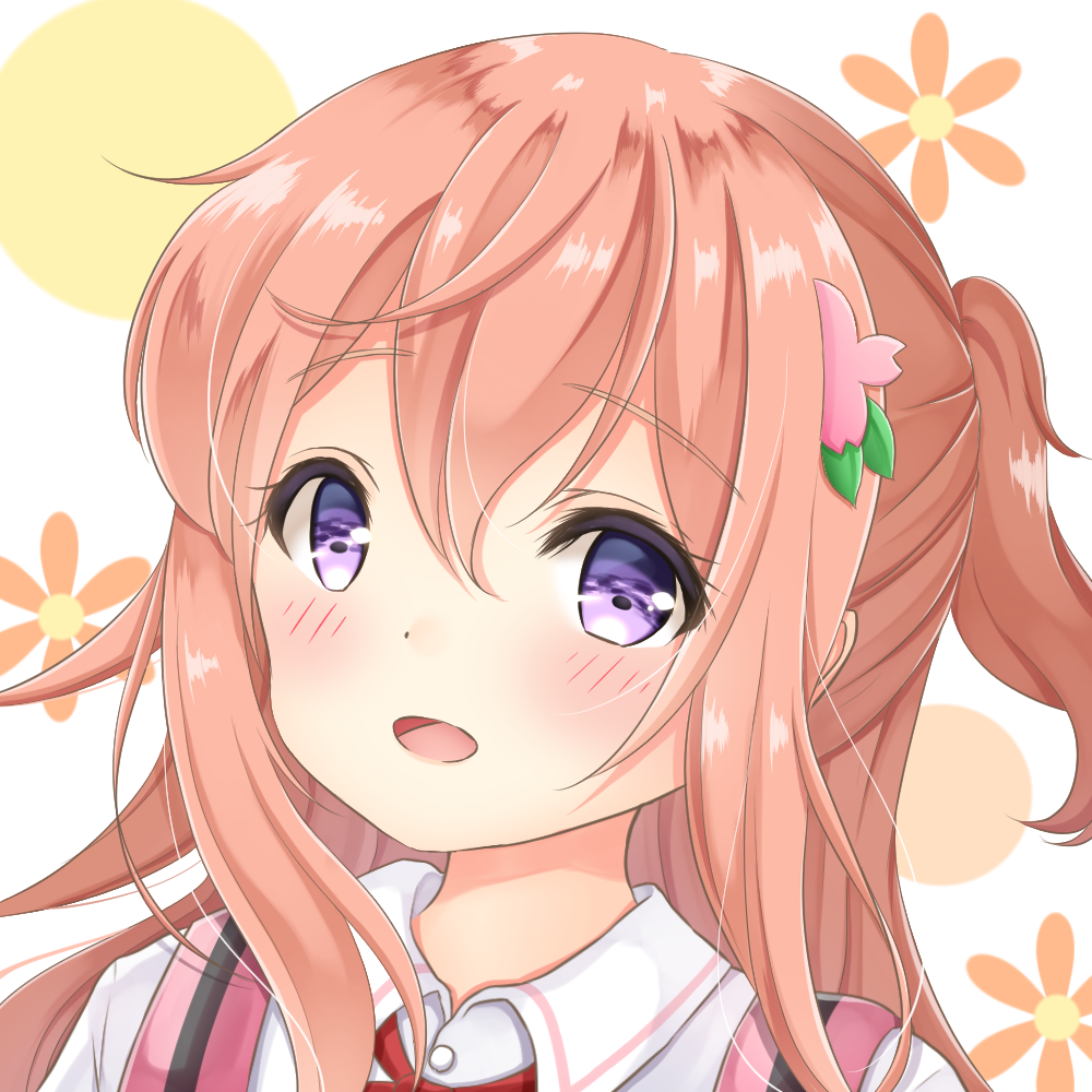 1girl :d bangs blush collared_shirt commentary_request eyebrows_visible_through_hair gochuumon_wa_usagi_desu_ka? hair_between_eyes hair_ornament hoto_mocha inahori light_brown_hair long_hair one_side_up open_mouth pink_vest rabbit_house_uniform shirt sidelocks smile solo uniform vest violet_eyes white_background white_shirt