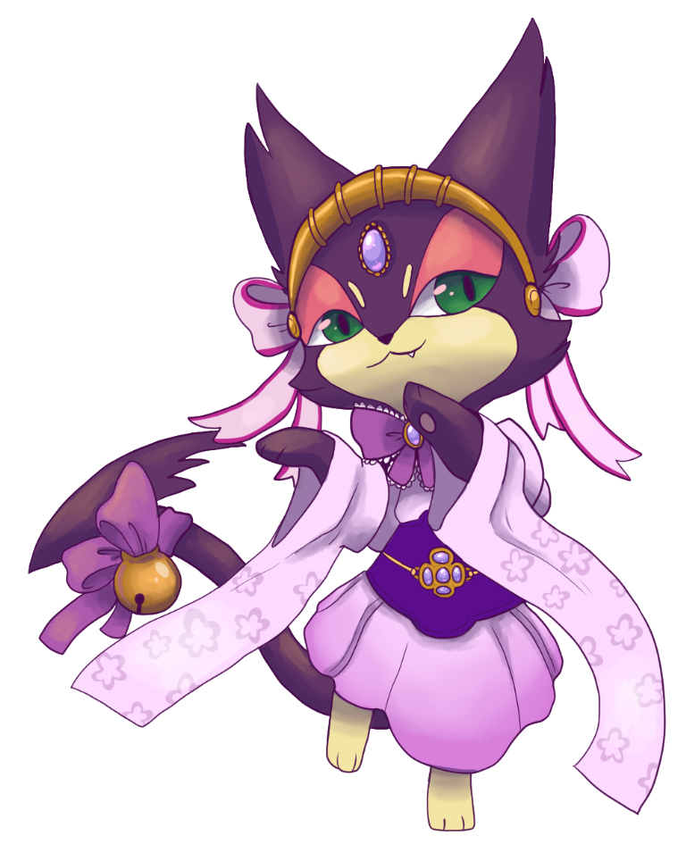 bell caesar_(4chan) clothed_pokemon gem green_eyes headband japanese_clothes jingle_bell looking_at_viewer pink_skirt pokemon purrloin skirt solo standing wide_sleeves