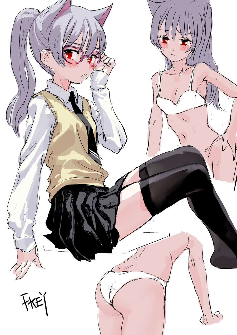 1girl adjusting_eyewear artist_name ass bespectacled black_legwear black_neckwear blush bra breasts cleavage collared_shirt commentary_request eyebrows_visible_through_hair fkey glasses hand_on_hip highres long_sleeves looking_at_viewer medium_breasts midriff miniskirt multiple_girls navel necktie no_shoes original panties parted_lips pink-framed_eyewear pleated_skirt ponytail red_eyes shirt silver_hair simple_background sitting sketch skirt sweater_vest thigh-highs underwear underwear_only vest white_background white_bra white_panties white_shirt yellow_vest zettai_ryouiki