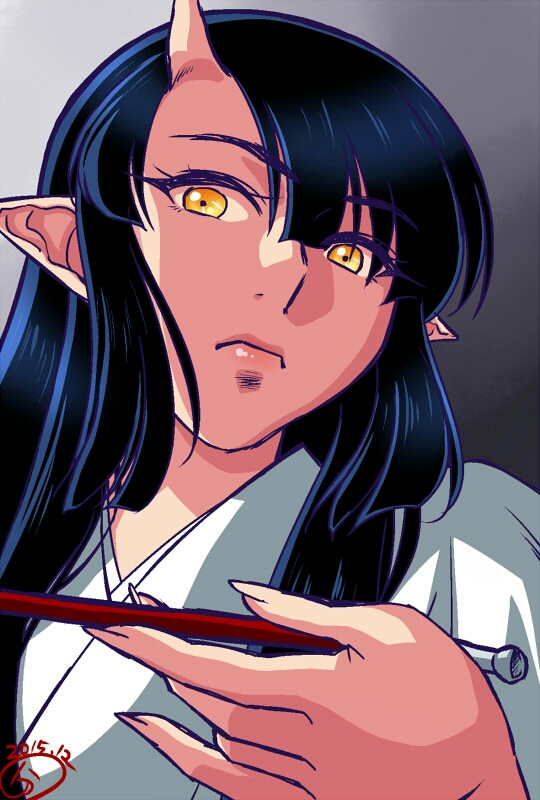 1girl black_hair buntaichou commentary_request grey_background horn kiseru lips long_hair looking_at_viewer original pipe pointy_ears solo yellow_eyes