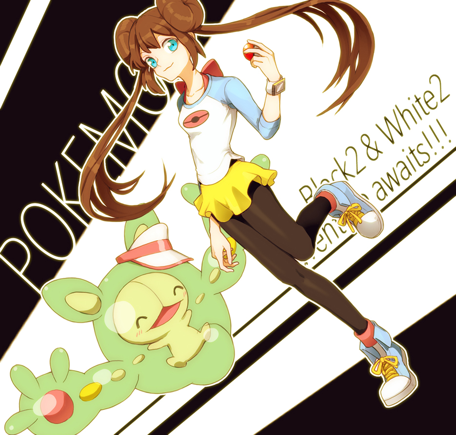 1girl black_legwear blue_eyes brown_hair double_bun holding holding_poke_ball legwear_under_shorts long_hair mei_(pokemon) pantyhose poke_ball pokemon pokemon_(creature) pokemon_(game) pokemon_bw pokemon_bw2 short_shorts shorts twintails very_long_hair yellow_shorts