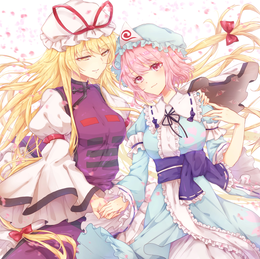 2girls arm_garter blonde_hair blue_dress blue_hat blue_sash bow breasts commentary_request dress eyebrows_visible_through_hair frilled_shirt_collar frills gap hair_bow hand_holding hat hat_ribbon juliet_sleeves konnyaku_(yuukachan_51) long_hair long_sleeves looking_at_another looking_at_viewer medium_breasts mob_cap multiple_girls obi petals pink_eyes pink_hair puffy_sleeves red_bow red_ribbon ribbon saigyouji_yuyuko sash short_hair simple_background smile tabard touhou triangular_headpiece white_background white_hat wide_sleeves yakumo_yukari yellow_eyes