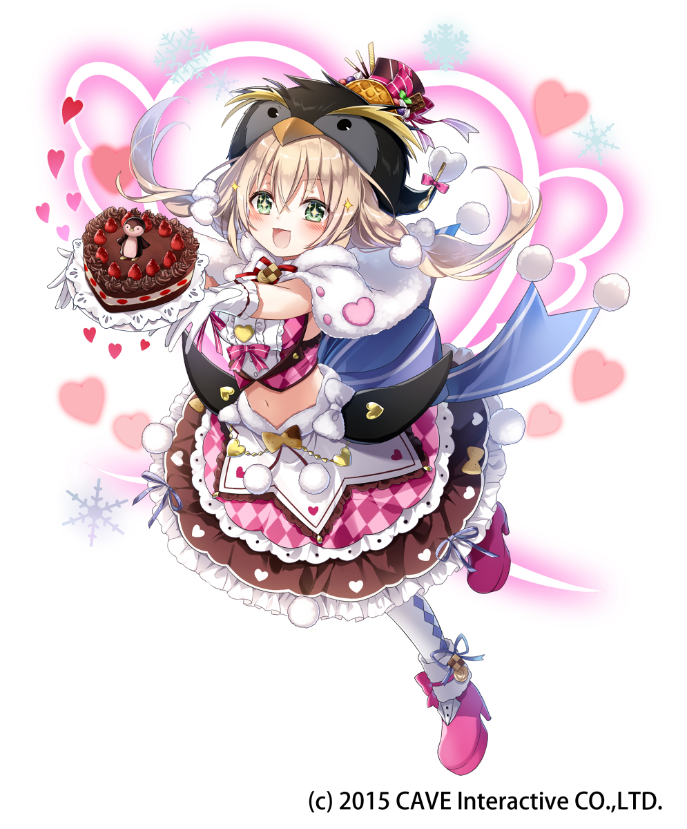 1girl 2015 :d argyle argyle_legwear argyle_shirt argyle_skirt bangs black_hat blonde_hair blue_ribbon blueberry blush bow bowtie breasts brown_skirt cake checkerboard_cookie cherry chocolate chocolate_bar chocolate_cake chocolate_on_face company_name cookie copen_(gothic_wa_mahou_otome) crop_top dessert doily emia_(castilla) eyebrows_visible_through_hair food food_on_face fruit full_body gloves gothic_wa_mahou_otome green_eyes hair_between_eyes hair_ornament happy hat hat_ribbon heart heart-shaped_cake heart_background heart_hair_ornament high_heels highres holding holding_plate layered_skirt long_hair looking_at_viewer low_twintails meringue midriff navel official_art one_leg_raised open_mouth outstretched_arms penguin_hat pink_bow pink_footwear pink_ribbon pink_skirt plate pocky pom_pom_(clothes) red_bow red_neckwear ribbon shiny shiny_hair shoe_ribbon skirt small_breasts smile snowflake_background solo sparkle sparkling_eyes standing standing_on_one_leg stomach strawberry striped_neckwear tareme twintails wafer_stick waffle white_background white_bow white_gloves white_legwear white_neckwear