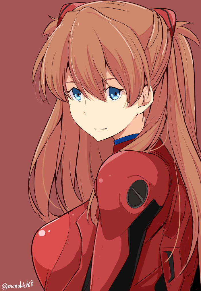 1girl bangs blue_eyes bodysuit breasts brown_hair closed_mouth eyebrows_visible_through_hair hair_ornament kichihachi long_hair looking_at_viewer looking_to_the_side medium_breasts neon_genesis_evangelion plugsuit red_background red_bodysuit shiny shiny_clothes simple_background skin_tight smile solo souryuu_asuka_langley twitter_username two_side_up upper_body