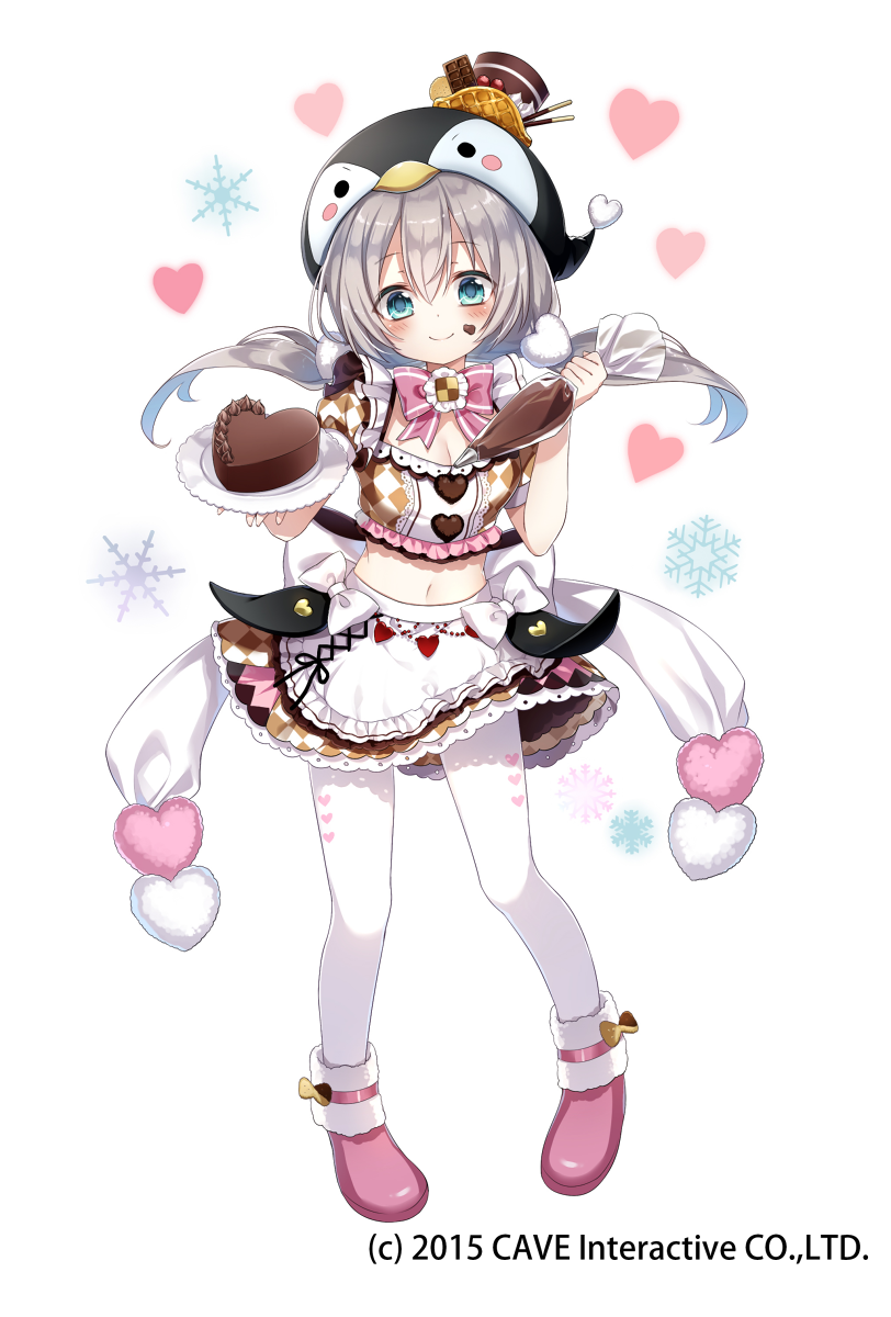 1girl 2015 ankle_boots apron aqua_eyes bangs black_hat blush boots bow bowtie breasts brown_skirt cake checkerboard_cookie checkered checkered_shirt checkered_skirt cherry chocolate chocolate_bar chocolate_cake chocolate_on_face cleavage closed_mouth company_name cookie copen_(gothic_wa_mahou_otome) crop_top dessert emia_(castilla) eyebrows_visible_through_hair food food_on_face fruit full_body gothic_wa_mahou_otome hair_between_eyes hair_ornament hat head_tilt heart heart-shaped_cake heart_background heart_hair_ornament highres holding holding_plate long_hair looking_at_viewer low_twintails meringue midriff miniskirt navel official_art pantyhose pastry_bag penguin_hat pigeon-toed pink_bow pink_footwear pink_neckwear plate pocky shiny shiny_hair shirt short_sleeves silver_hair skirt small_breasts smile snowflake_background solo standing stomach tareme twintails waffle waist_apron white_apron white_background white_bow white_legwear