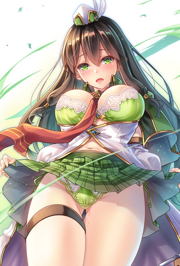 1girl blush breasts brown_hair green_eyes hat large_breasts long_hair looking_at_viewer makirin navel necktie panties pleated_skirt skirt tagme underwear