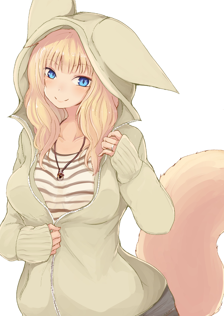 1girl batta_(kanzume_quality) blonde_hair blue_eyes blush breasts collarbone fox_girl hood hoodie jewelry long_hair nib_pen_(medium) open_clothes open_hoodie original pendant ring shirt sleeves_past_wrists smile solo striped striped_shirt traditional_media unzipped wavy_hair wedding_band