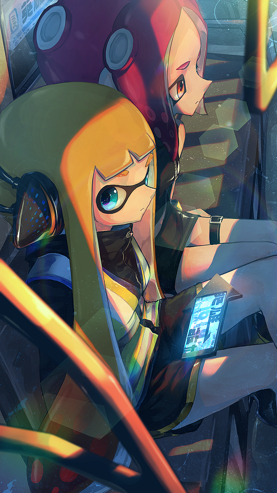 2girls agent_8 bangs black_jacket black_shirt black_shorts blunt_bangs blurry closed_mouth commentary_request crop_top dark_skin depth_of_field domino_mask expressionless from_above green_eyes headset high-visibility_vest highres inkling jacket kashu_(hizake) lens_flare long_hair long_sleeves looking_at_viewer mask midriff miniskirt monster_girl multiple_girls octarian orange_hair pink_hair red_eyes shade shirt short_eyebrows shorts side_glance sitting skirt sleeveless sleeveless_shirt splatoon splatoon_2 splatoon_2:_octo_expansion squidbeak_splatoon suction_cups sunlight takozonesu tentacle_hair thigh_strap train_interior vest yellow_vest