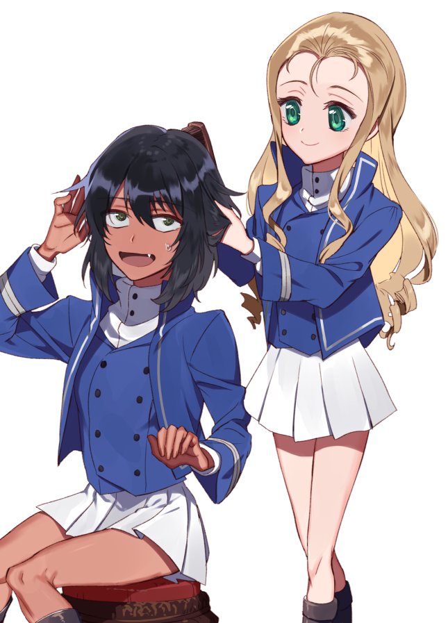 2girls adjusting_another's_hair andou_(girls_und_panzer) bc_freedom_military_uniform black_footwear black_hair blonde_hair blue_jacket blue_vest boots brown_eyes brush closed_mouth commentary dark_skin dress_shirt drill_hair fang forehead girls_und_panzer green_eyes hair_brushing high_collar holding_brush jacket knee_boots long_hair long_sleeves looking_at_another looking_back marie_(girls_und_panzer) military military_uniform miniskirt multiple_girls open_mouth pleated_skirt shirt shutou_mq simple_background sitting skirt smile standing sweatdrop uniform vest white_background white_shirt white_skirt