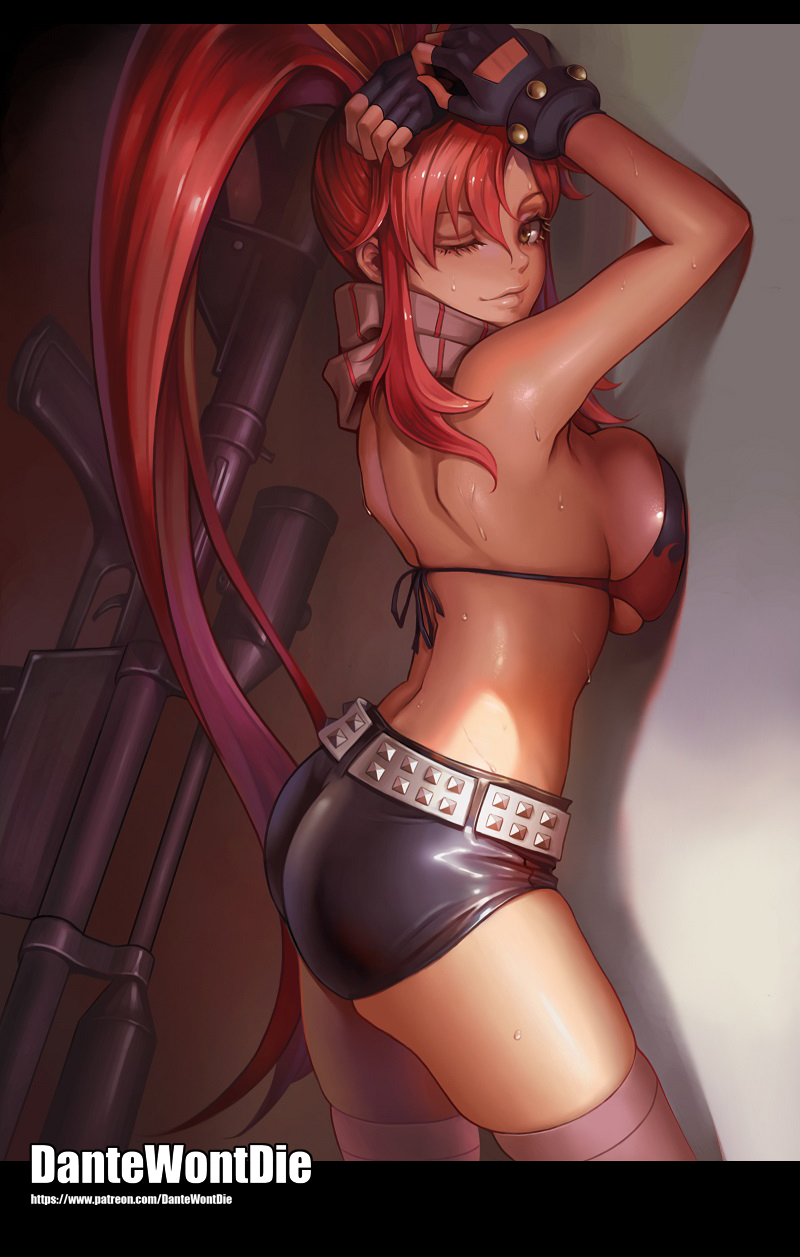 1girl against_wall anti-materiel_rifle arms_up artist_name ass belt bikini_top black_gloves breast_press breasts brown_eyes closed_mouth commentary_request dantewontdie fingerless_gloves from_side gloves gun highres large_breasts leotard long_hair looking_at_viewer looking_back one_eye_closed patreon_username pink_leotard rifle scarf short_shorts shorts sideboob sniper_rifle solo standing studded_belt studded_bracelet sweat tengen_toppa_gurren_lagann thigh-highs very_long_hair watermark weapon web_address yoko_littner