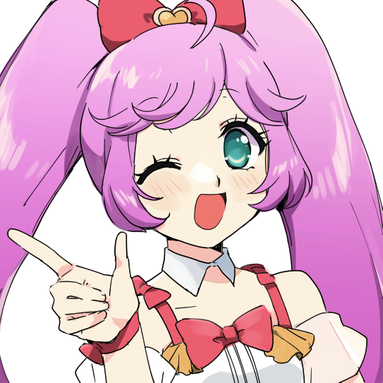 1girl ;d ahoge aqua_eyes bangs blush bow detached_collar detached_sleeves eyebrows eyebrows_visible_through_hair eyelashes facing_away hair_bow heart index_finger_raised long_hair looking_at_viewer manaka_lala medu_(rubish) no_pupils one_eye_closed open_mouth pink_bow pripara purple_hair raised_eyebrows short_sleeves sidelocks simple_background smile solo swept_bangs tank_top twintails upper_body white_background