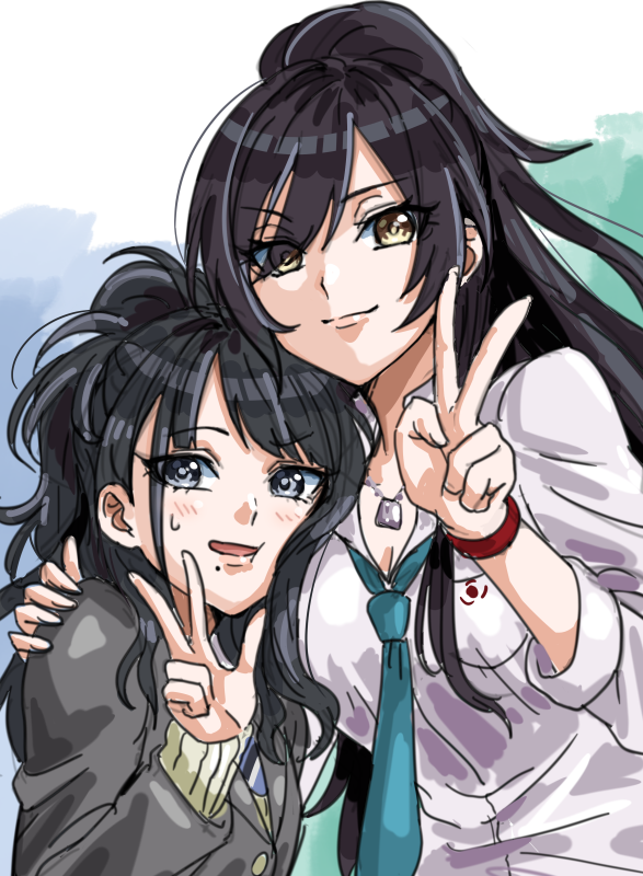 2girls black_hair blue_eyes blush breasts buttons cardigan cleavage closed_mouth commentary dog_tags eyebrows_visible_through_hair gacchahero grey_jacket hair_between_eyes head_in_chest idolmaster idolmaster_shiny_colors jacket kazano_hiori large_breasts long_hair looking_at_viewer mole mole_under_mouth multiple_girls necktie open_mouth ponytail school_uniform shirase_sakuya v yellow_eyes