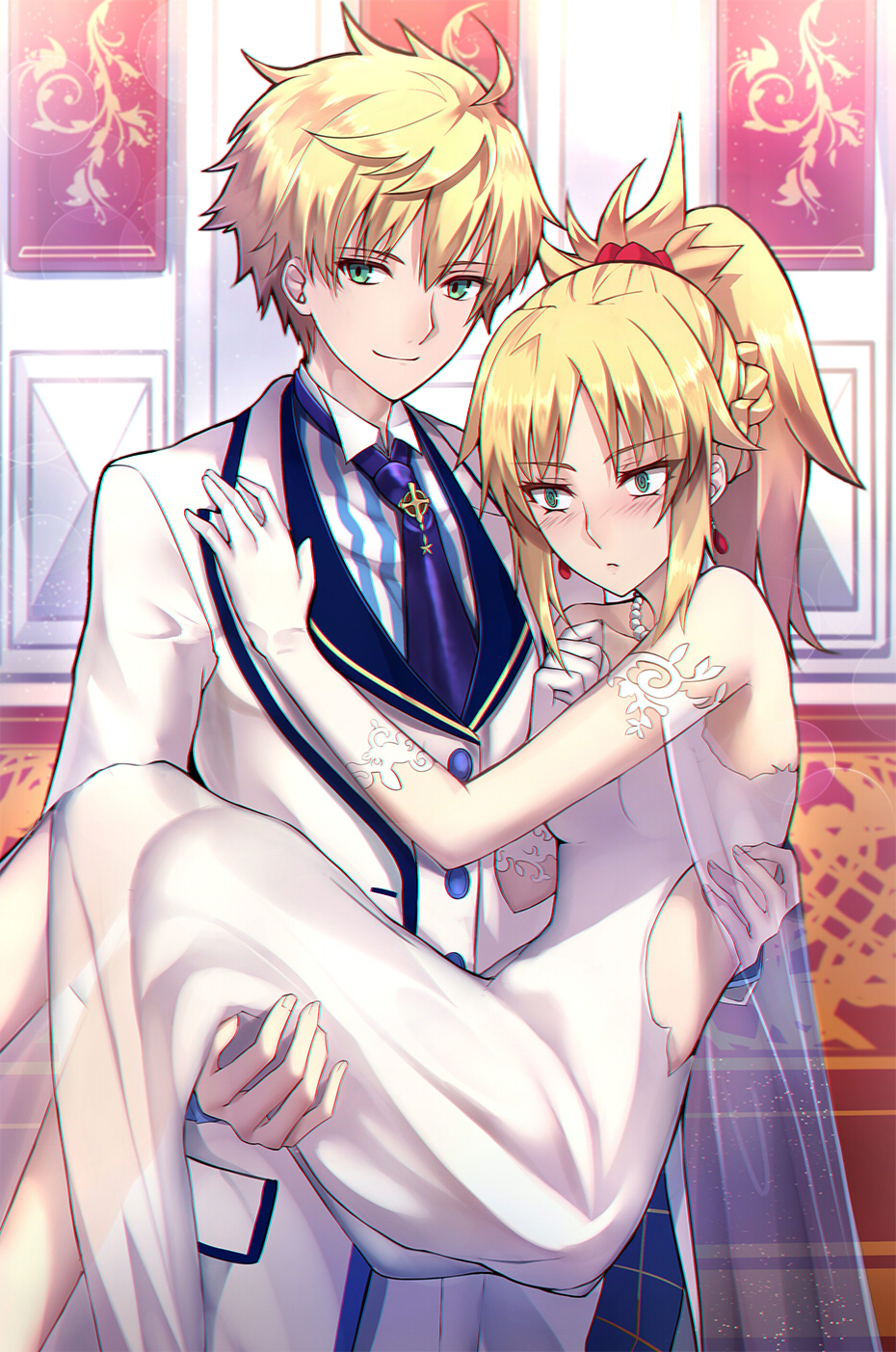 1boy 1girl @_@ ahoge bangs bare_shoulders bead_necklace beads blonde_hair blue_neckwear blue_shirt blush braid breasts buttons carrying closed_mouth collarbone collared_shirt commentary dress earrings embarrassed eyebrows_visible_through_hair fate/apocrypha fate/grand_order fate_(series) fingernails formal french_braid gloves green_eyes hair_between_eyes hair_ornament hair_scrunchie hand_on_another's_chest high_ponytail highres jacket jewelry long_dress long_hair looking_at_viewer looking_away looking_down mordred_(fate)_(all) necklace necktie nose_blush pocket ponytail princess_carry red_scrunchie saber_(fate/prototype) scrunchie see-through shiguru shiny shiny_hair shirt sidelocks sleeveless sleeveless_dress small_breasts smile standing striped striped_shirt suit tie_clip white_dress white_gloves white_jacket white_shirt white_suit