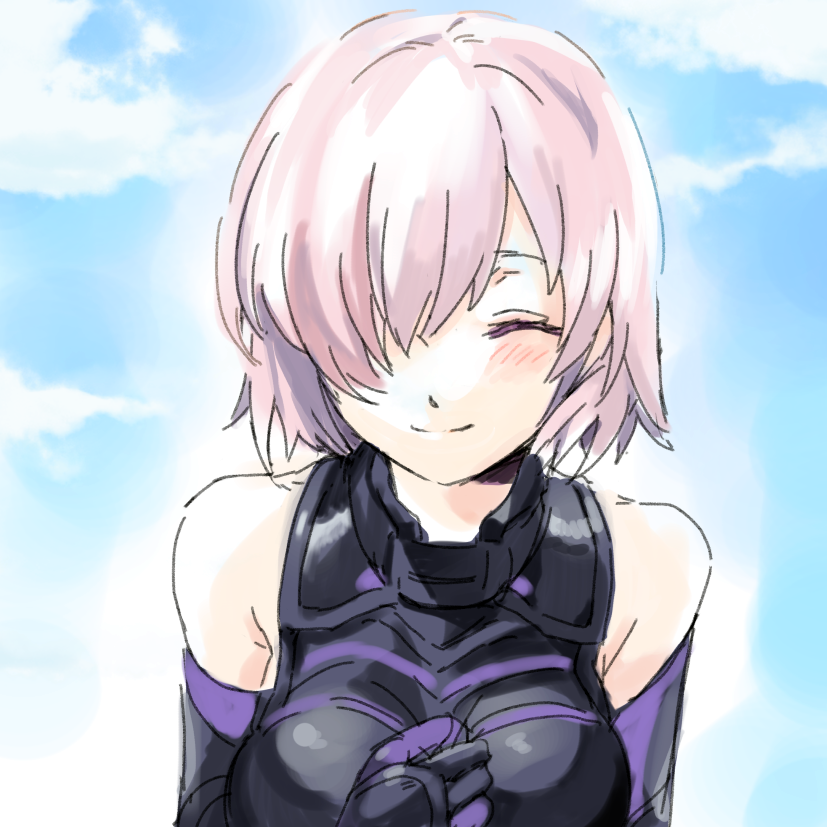 1girl ^_^ armor bangs bare_shoulders black_armor blue_sky blush closed_eyes closed_mouth clouds day eyebrows facing_viewer fate/grand_order fate_(series) hair_between_eyes hair_over_one_eye mash_kyrielight medium_hair medu_(rubish) outdoors pink_hair short_hair sketch sky smile solo upper_body