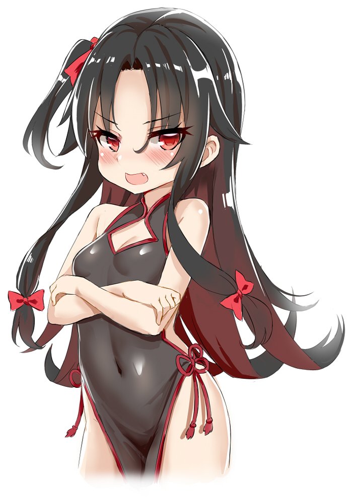 1girl black_dress black_hair blush bow breasts china_dress chinese_clothes cleavage cleavage_cutout covered_navel cowboy_shot crossed_arms dress fang hair_bow looking_at_viewer one_side_up open_mouth pelvic_curtain red_eyes ryuuou_no_oshigoto! side_slit sidelocks simple_background small_breasts solo unname white_background yashajin_ai