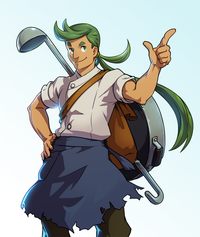 1boy backpack bag black_pants blue_background drawfag green_eyes green_hair hand_on_hip ladle long_hair looking_at_viewer male_focus mao's_brother_(pokemon) pants pointing pokemon pokemon_(anime) pot standing tan_skin
