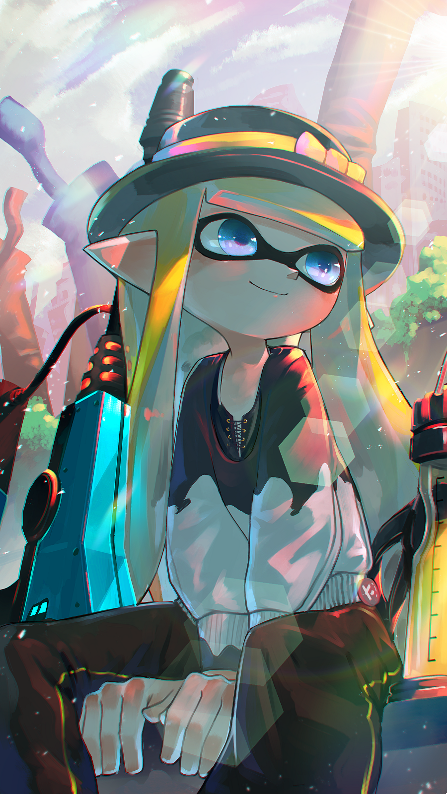 1girl bad_hands bangs between_legs black_hat black_shirt blonde_hair blue_eyes blue_sky blunt_bangs boater_hat bow brown_pants building closed_mouth clouds commentary day domino_mask gun happy hat hat_bow hat_ribbon highres hime_cut ink ink_tank_(splatoon) inkling jet_squelcher_(splatoon) kashu_(hizake) lens_flare light_rays long_hair long_sleeves looking_away looking_to_the_side looking_up mask monster_girl outdoors pants pointy_ears ribbon shirt sidelocks sitting sky skyscraper smile solo splatoon splatoon_2 sun sunlight tentacle_hair track_pants tree weapon white_shirt yellow_bow yellow_ribbon