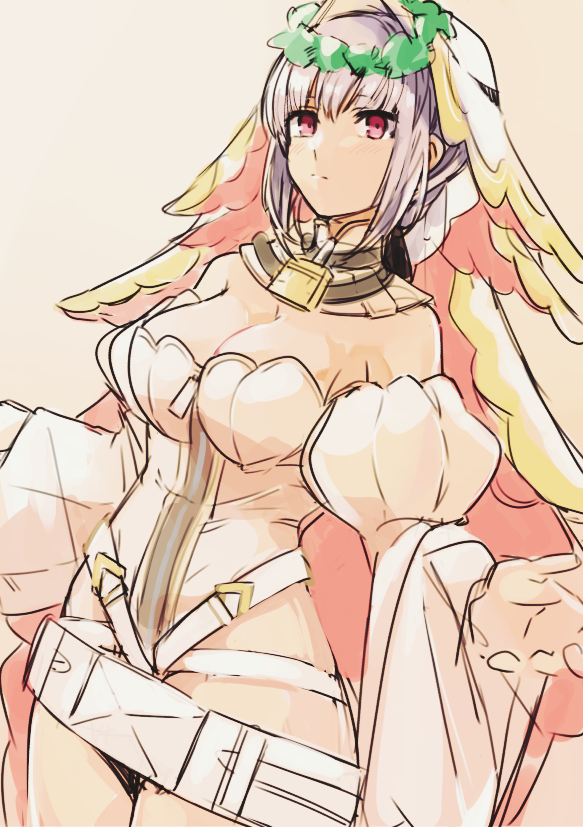 1girl bangs bare_shoulders blush breasts bridal_veil cleavage closed_mouth cosplay cowboy_shot detached_collar detached_sleeves expressionless facing_away fate/extra fate/extra_ccc fate/grand_order fate_(series) florence_nightingale_(fate/grand_order) frown gradient gradient_background grey_hair hair_between_eyes large_breasts legs_together leotard long_sleeves medu_(rubish) nero_claudius_(bride)_(fate) nero_claudius_(bride)_(fate)_(cosplay) nero_claudius_(fate)_(all) outstretched_arms pink_eyes puffy_long_sleeves puffy_sleeves short_hair sidelocks solo standing veil white_leotard wide_sleeves zipper zipper_pull_tab