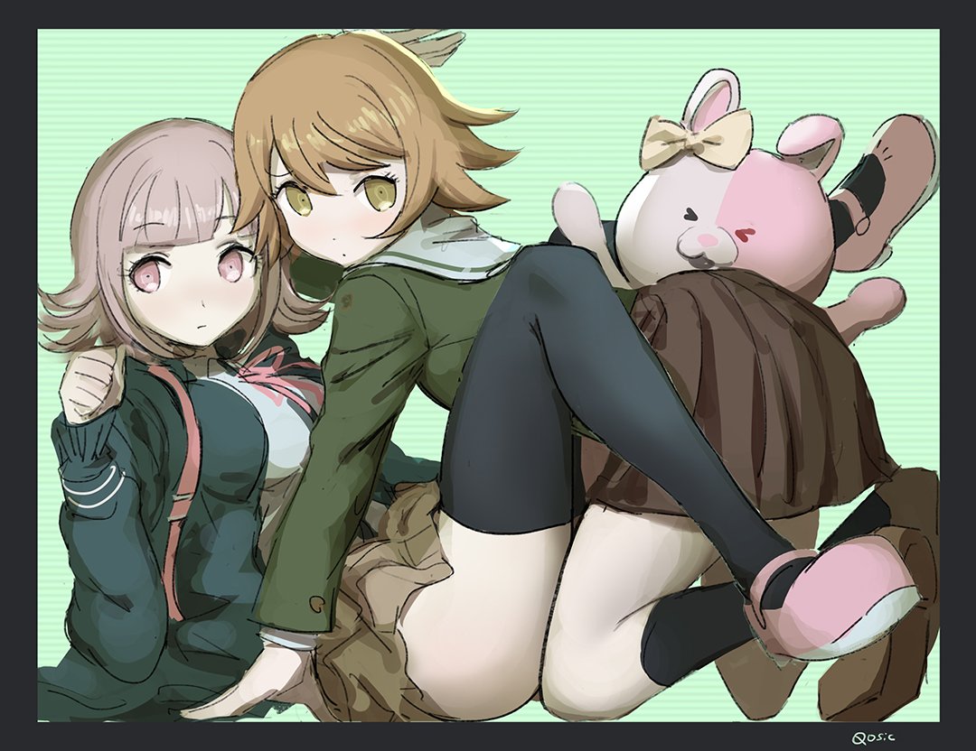 1girl black_legwear brown_eyes brown_hair crossdressinging dangan_ronpa dangan_ronpa_1 fujisaki_chihiro green_eyes hair_ornament hood kneehighs monomi_(dangan_ronpa) nanami_chiaki pink_eyes pink_hair qosic school_uniform short_hair skirt super_dangan_ronpa_2 thigh-highs trap