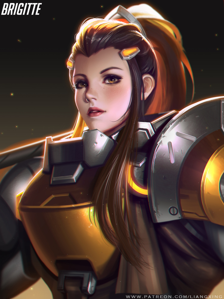 1girl armor brigitte_(overwatch) dark_background freckles liang_xing light_particles looking_at_viewer over_shoulder overwatch parted_lips ponytail realistic solo upper_body weapon weapon_over_shoulder