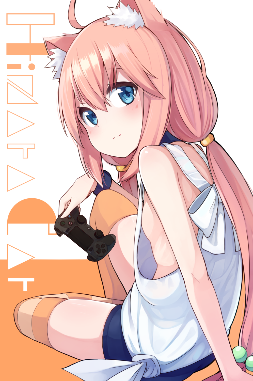 1girl 3: ahoge animal_ears blue_eyes breasts cat_ears commentary_request controller dualshock flat_chest game_console game_controller gamepad hair_bobbles hair_ornament hair_tubes highres hinata_channel holding long_hair looking_at_viewer low_twintails nekomiya_hinata okota_mikan pink_hair playstation_4 shorts sideboob simple_background sitting smile solo twintails wristband